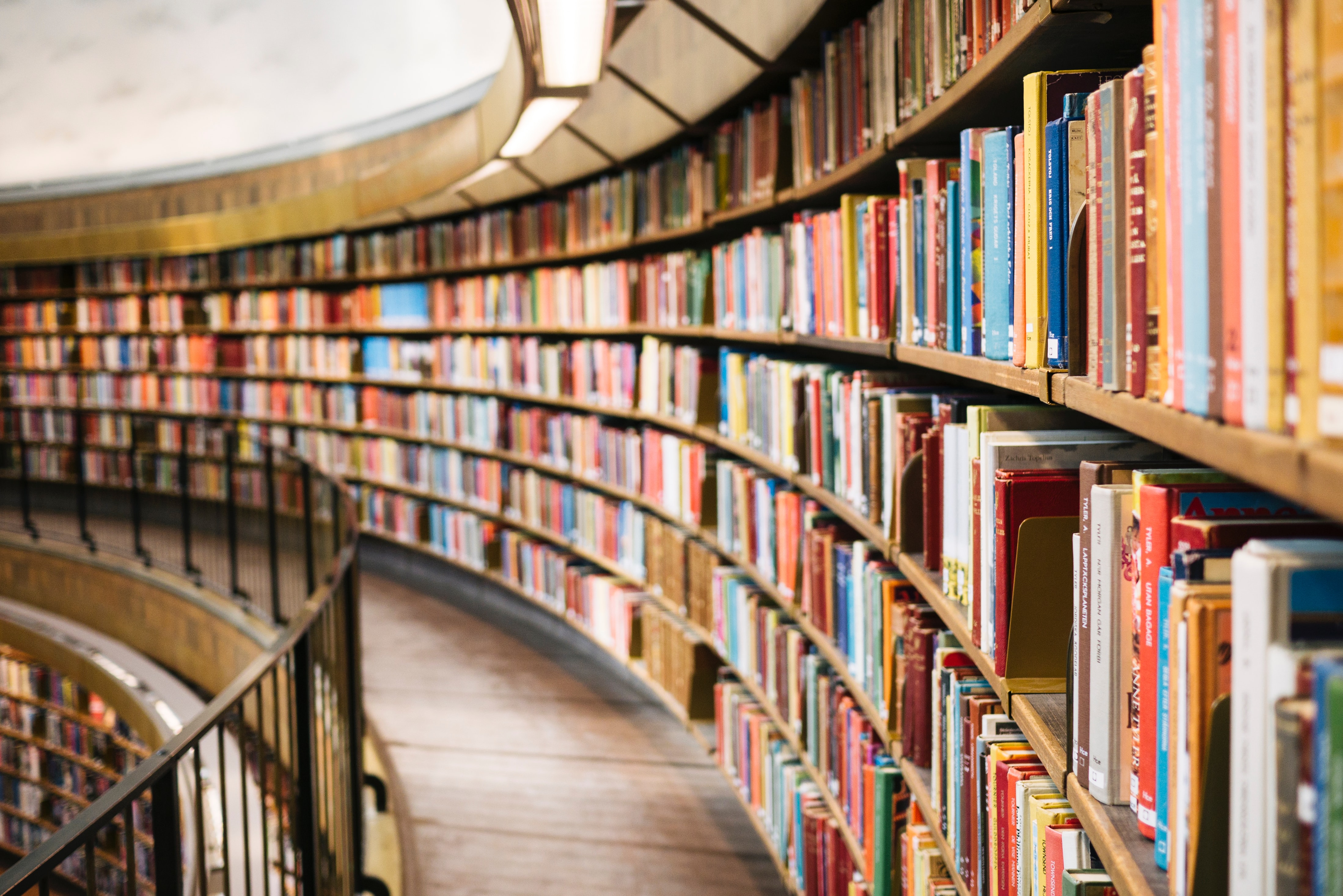 Long curved shelf filled with books